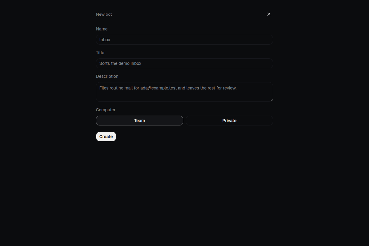 The new bot form in SulusAssist, filled with a demo bot named Inbox.