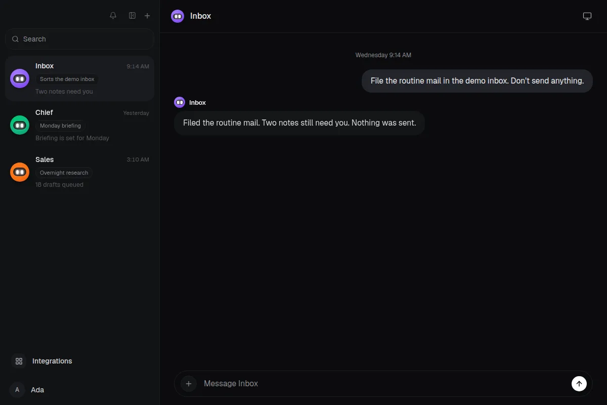 SulusAssist chat with the Inbox bot. The sidebar lists Inbox, Chief, and Sales. The message asks the bot to file demo mail and not send anything.