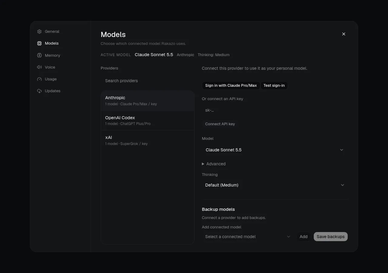 SulusAssist model settings with Anthropic selected, Claude Sonnet 5.5 in the model menu, and a button to sign in with Claude Pro/Max. The provider list also shows OpenAI Codex and xAI.