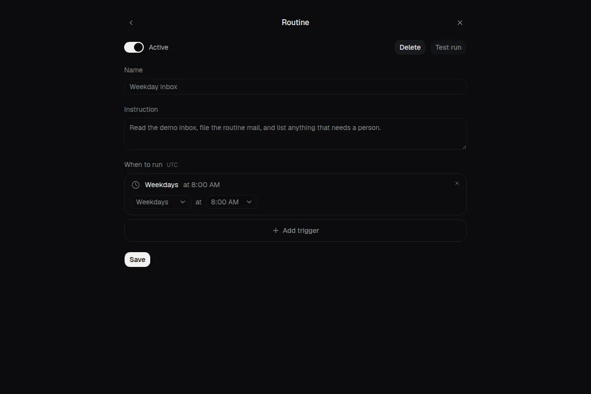 A routine editor for a weekday inbox check, with the instruction written as text and a weekday 8:00 AM schedule.